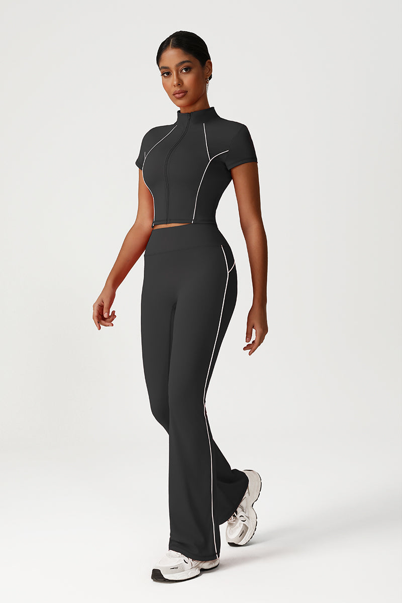 Women Seamless High Waisted Flared Yoga Set: Stand Collar Jacket + Flared Leggings