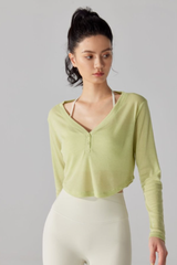 Women's V-Neck Sheer Cropped Long Sleeve Yoga Cover-Up