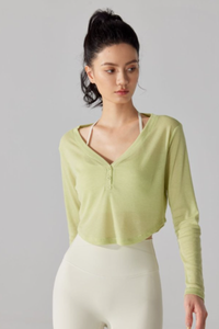 Women's V-Neck Sheer Cropped Long Sleeve Yoga Cover-Up