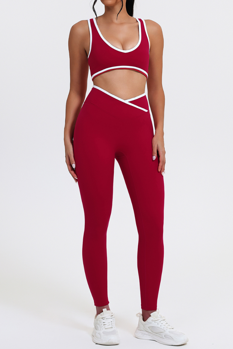 Women's Color-Block Sports Bra & Cross-Waist Sport Leggings Set