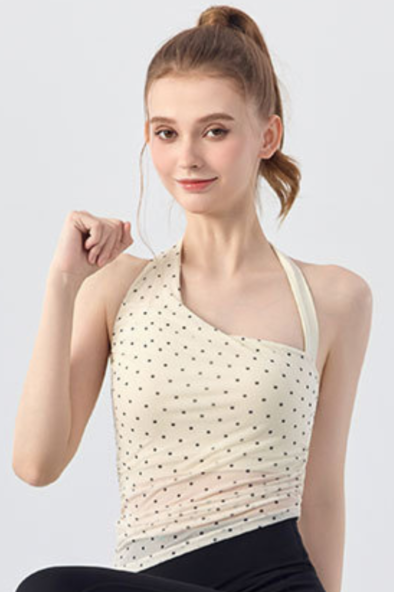 Women's Polka Dot Asymmetric Halter Mesh Padded Yoga Tank Top