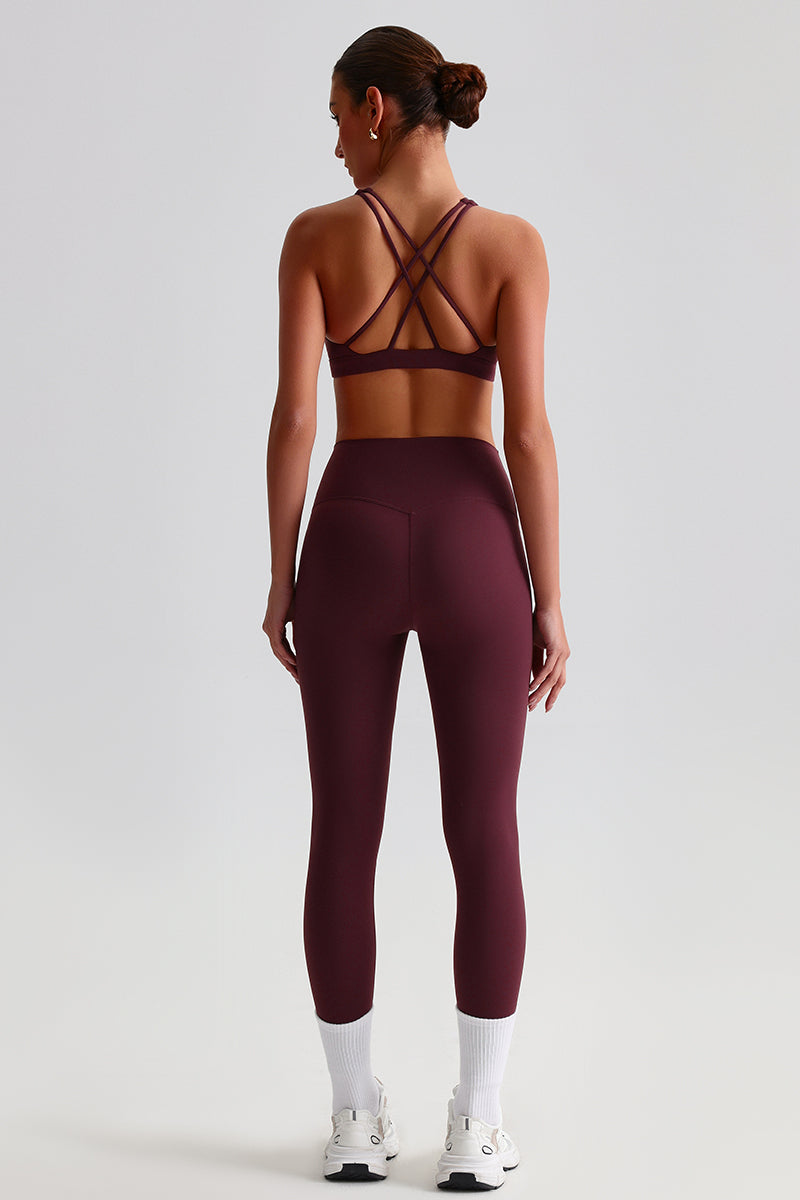 Women Brushed Cross-Back Slim-Fit Yoga Set: High-Waisted Butt-Lifting Outdoor Running Leggings + Round Neck Sports Bra