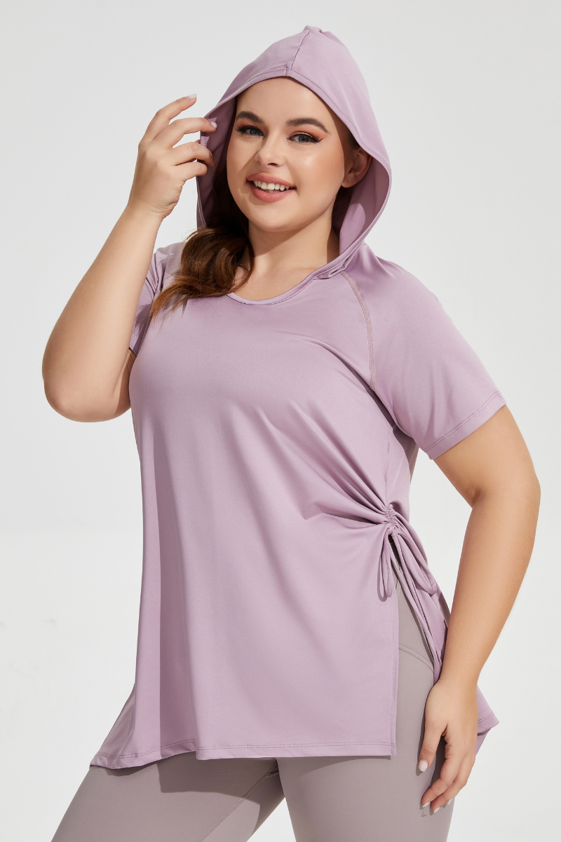 Plus Size Women's Side Drawstring Slit  Hooded T-shirt