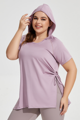 Plus Size Women's Side Drawstring Slit  Hooded T-shirt