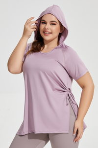 Plus Size Women's Side Drawstring Slit  Hooded T-shirt