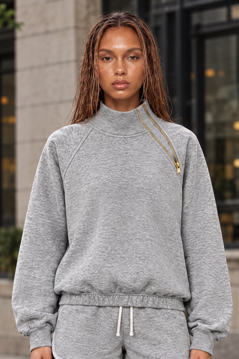 Women's Asymmetric Zip Elastic Hem Mock Neck Sweatshirt