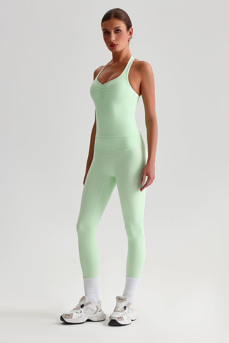 Women Brushed High Waisted Yoga Set: Tummy Control Tights + Halter Neck Support Bra