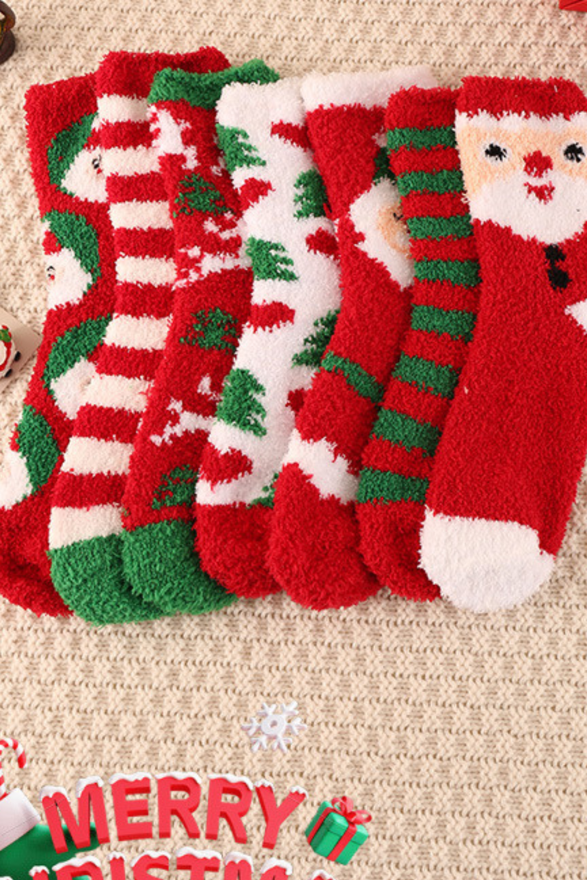Women's Christmas Coral Fleece Socks Cute Santa Tree Striped