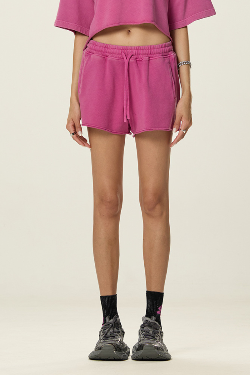 Women's Cotton Raw Hem Shorts - Vintage Wash Straight Drawstring