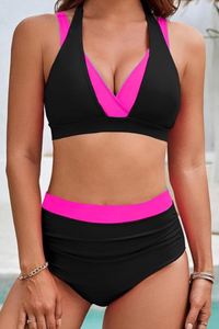 Women's Faux Two Piece V-Neck High Waist Halter Bikini Set