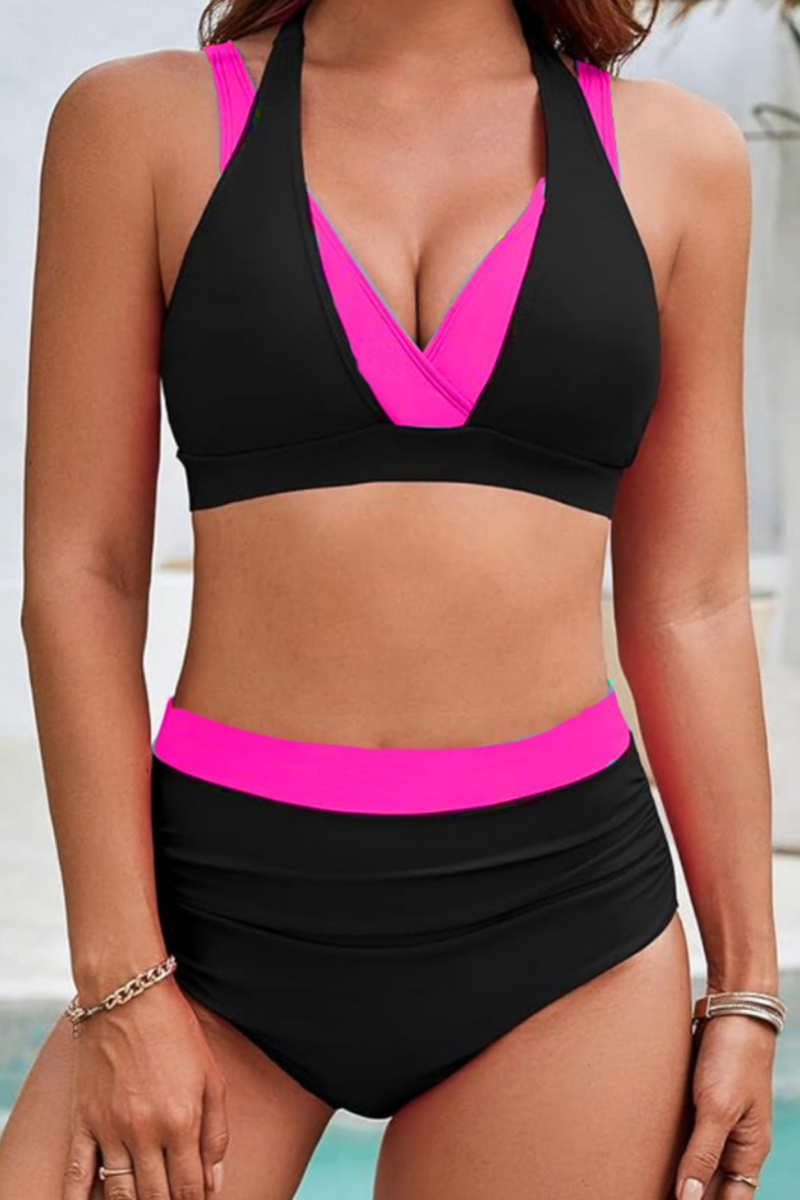 Women's Faux Two Piece V-Neck High Waist Halter Bikini Set