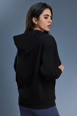 Women Fleece Hooded Windproof Loose Casual Zip Jacket