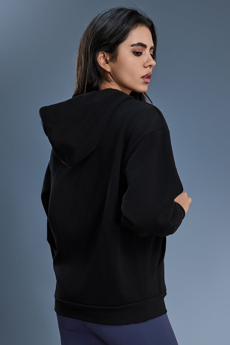 Women Fleece Hooded Windproof Loose Casual Zip Jacket