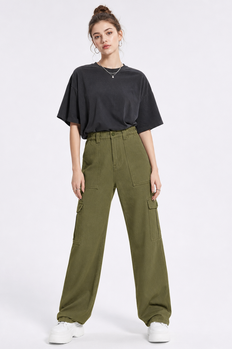 Women's High Waist Multi-Pocket Wide Leg Cargo Jeans