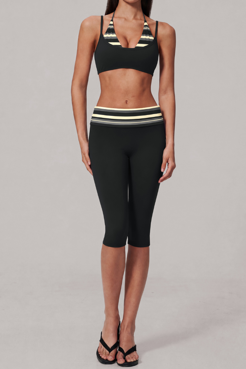 Women's Vintage Fake Two Piece Bra & Capri Leggings Yoga Set