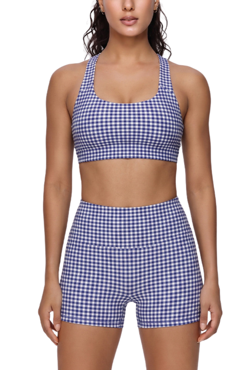 Women's Athletic Plaid Print Y-Back Bra And Shorts Yoga Set