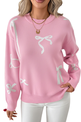 Women's bow-print knitted casual sweater.