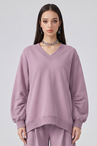 Women's Fall Boxy V Neck Drop Shoulder Rib Cuffs Sweatshirt