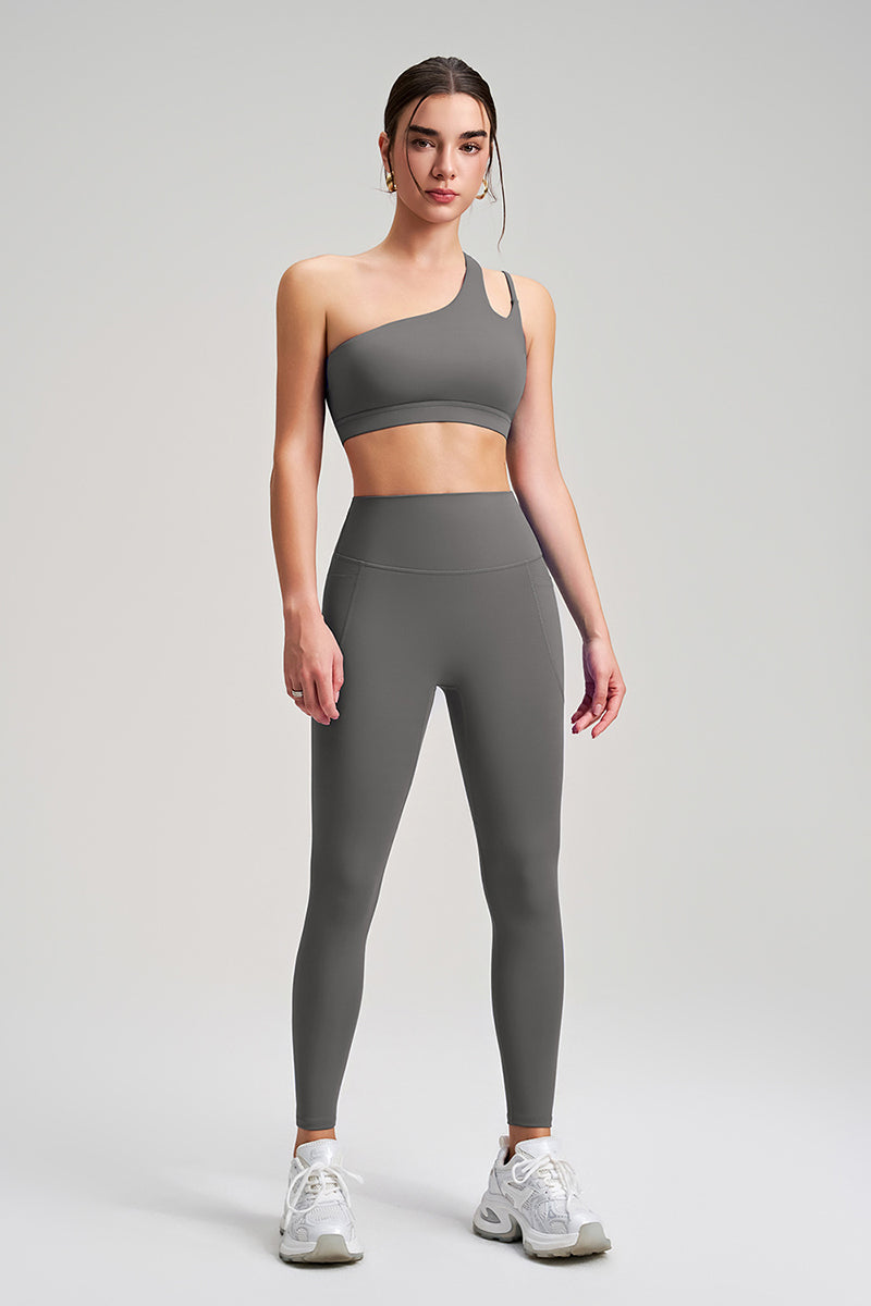 Women Single Shoulder Backless Yoga Set: Crisscross Strap Sports Bra + High Waist Leggings