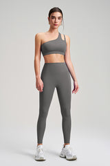 Women Single Shoulder Backless Yoga Set: Crisscross Strap Sports Bra + High Waist Leggings