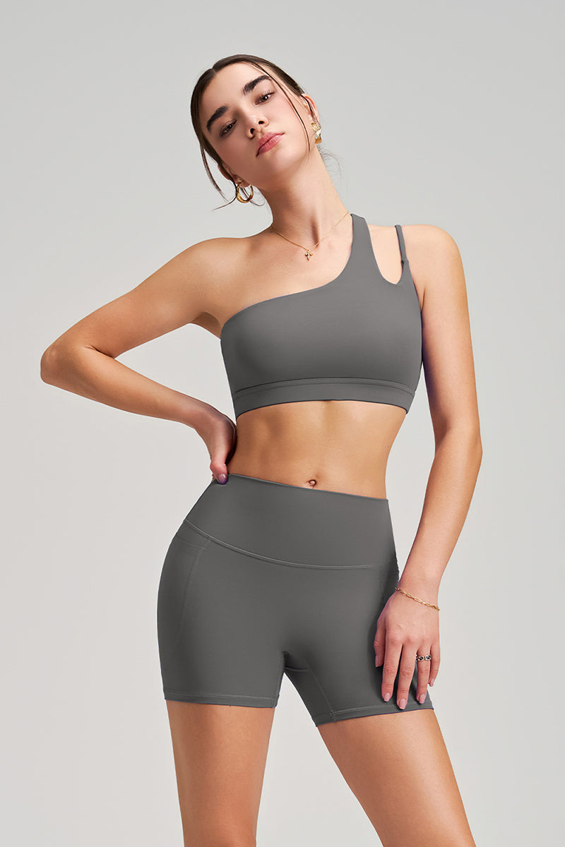 Women Single Shoulder Backless Yoga Set: Crisscross Strap Sports Bra + Shorts