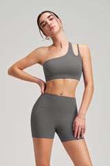 Women Single Shoulder Backless Yoga Set: Crisscross Strap Sports Bra + Shorts