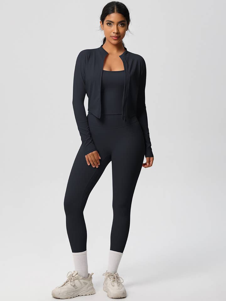 Women Activewear Set:Slim Fit Sports Bra+Zip Jacket+Leggings