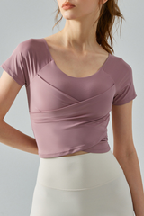 Women’s Stretch-Knit Cap-Sleeve Cropped Gym Tee with Crisscross Front