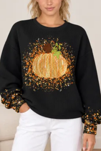 Women's Fall Halloween Cute Pumpkin Glitter Print Pullover