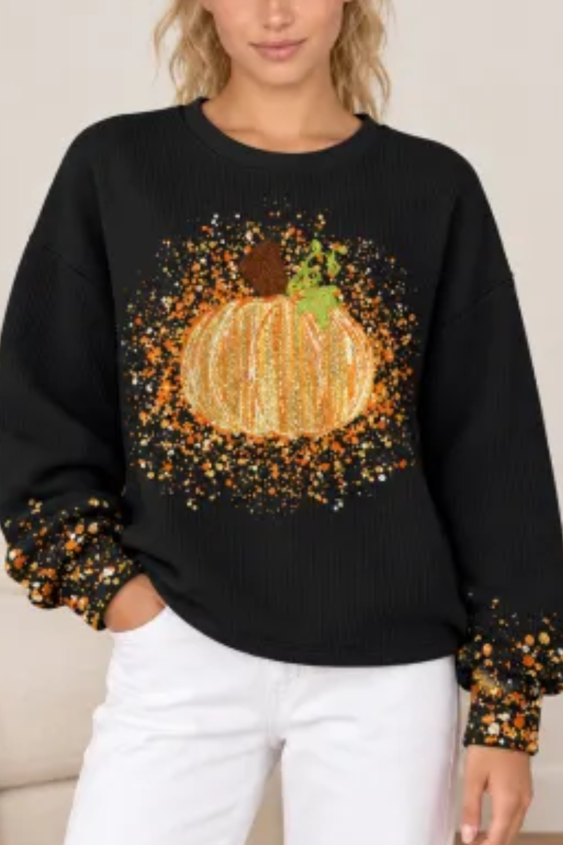 Women's Fall Halloween Cute Pumpkin Glitter Print Pullover