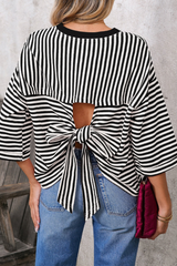 Women's Striped Round Neck Back Tie Blouse Loose T-shirt