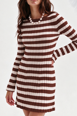 Women's Striped Ribbed Knit  Long Sleeve Bodycon Mini Dress