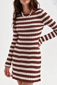 Women's Striped Ribbed Knit  Long Sleeve Bodycon Mini Dress