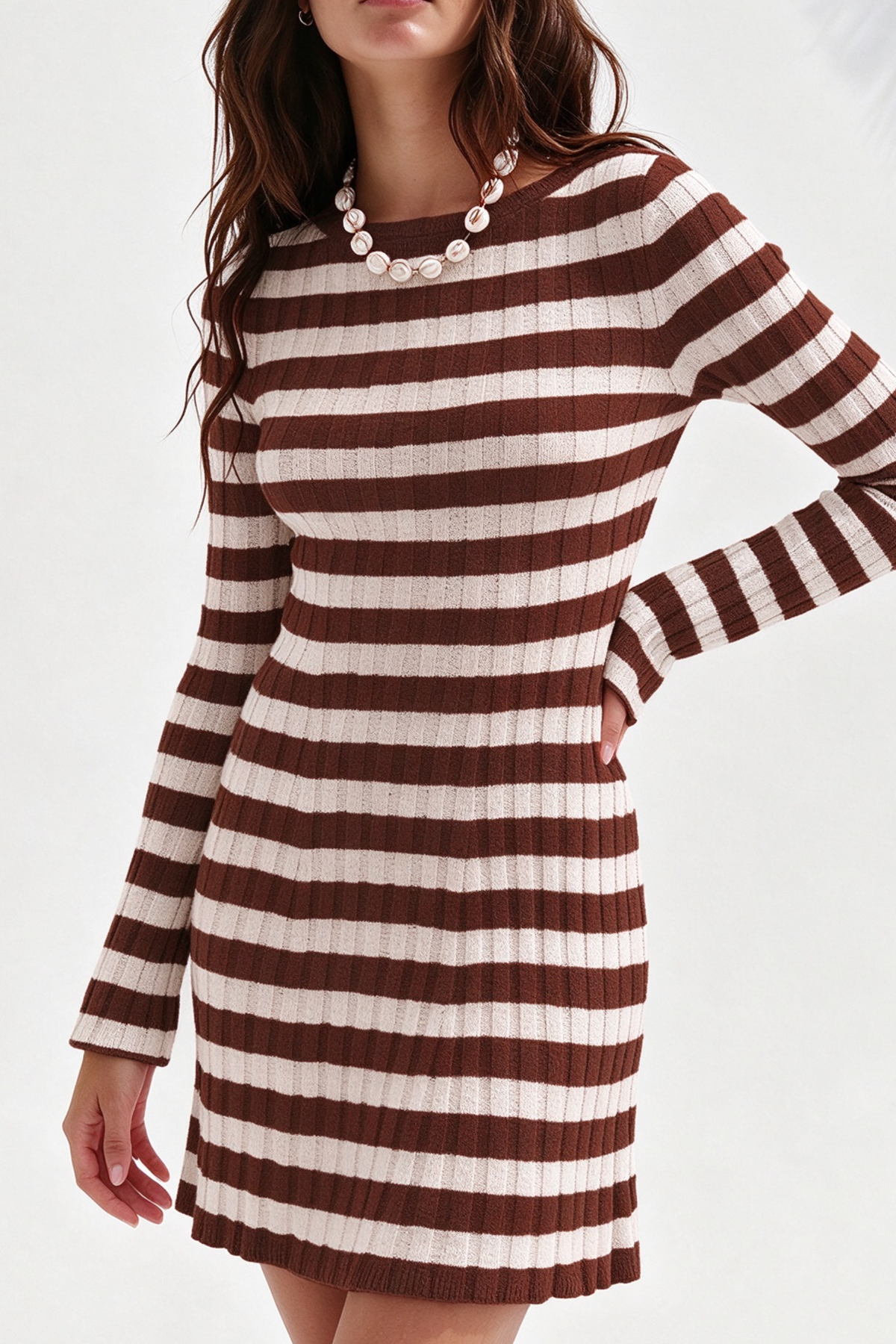 Women's Striped Ribbed Knit  Long Sleeve Bodycon Mini Dress