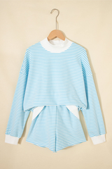 Women's Loungewear Sets:Striped Mock Neck Sweatshirt &Shorts