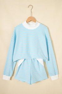Women's Loungewear Sets:Striped Mock Neck Sweatshirt &Shorts