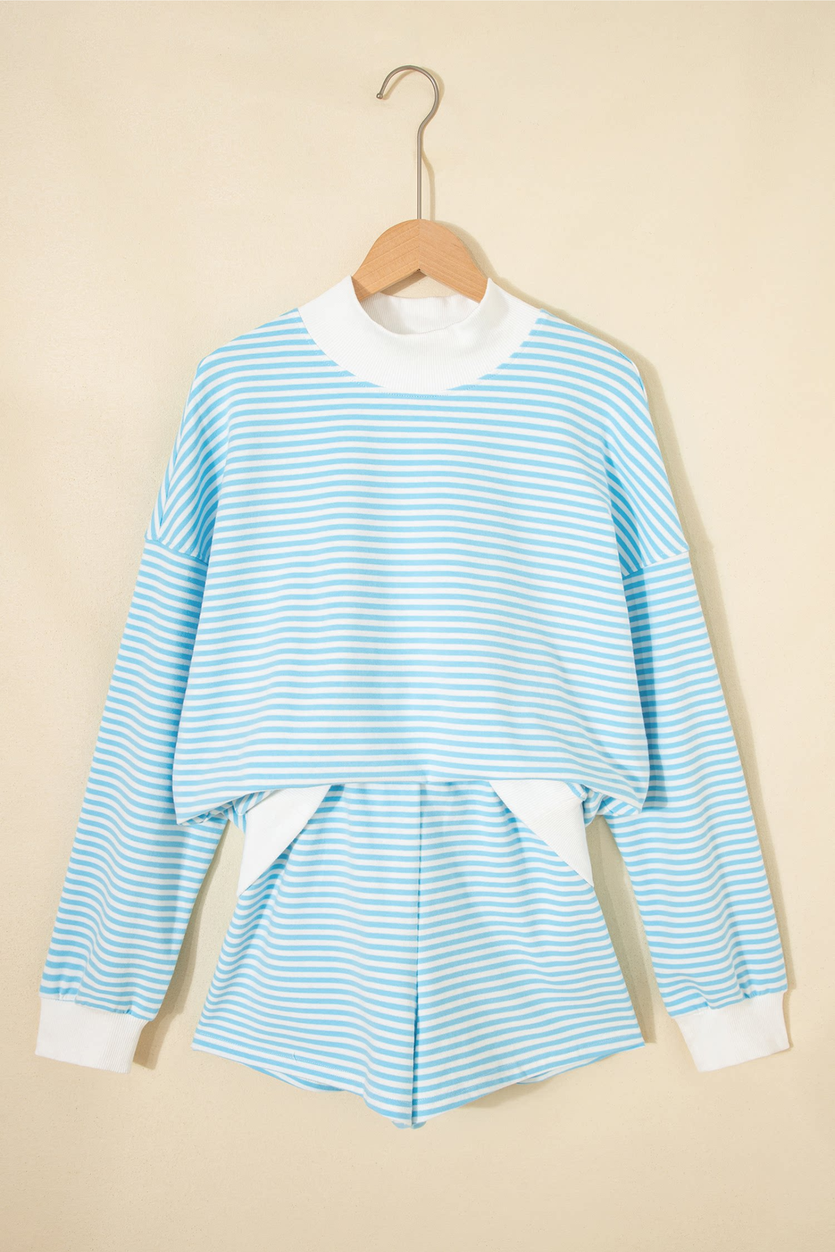 Women's Loungewear Sets:Striped Mock Neck Sweatshirt &Shorts