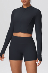 Women's Two Piece Set:Stand Collar Cropped Jacket And Shorts