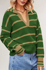 Women's Contrast Stripe Collared V Neck Knit Sweater