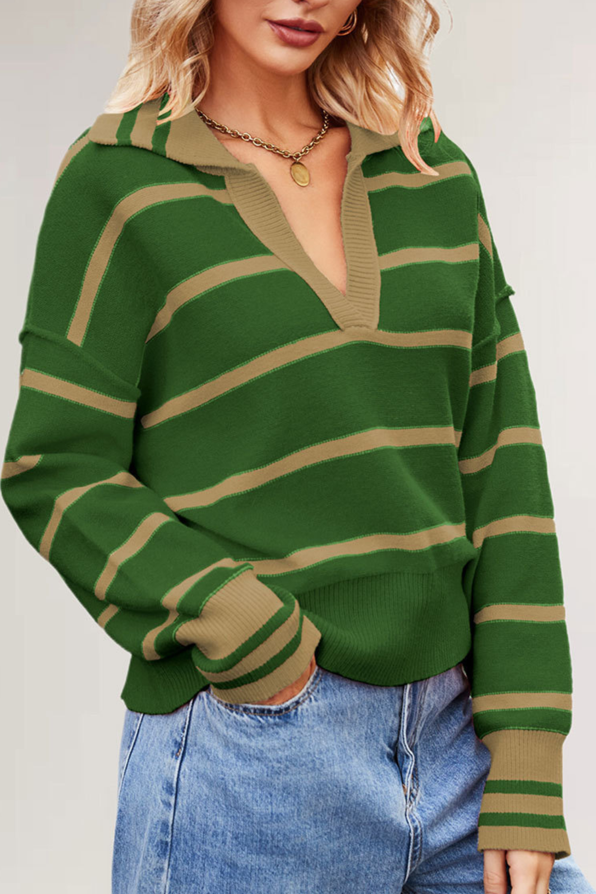 Women's Contrast Stripe Collared V Neck Knit Sweater