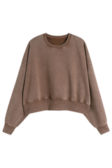 Women's Fall Solid Washed Cropped Crew Neck Sweatshirt