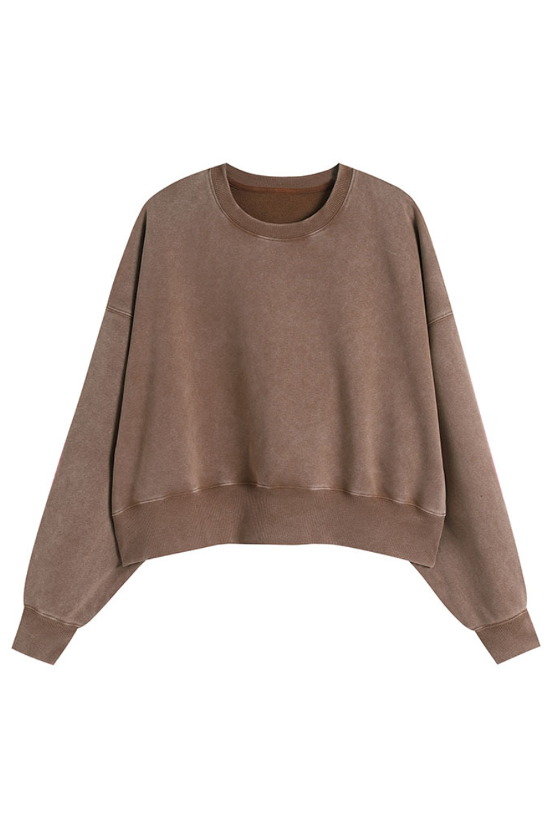 Women's Fall Solid Washed Cropped Crew Neck Sweatshirt