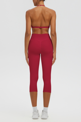 Women Halter V-neck Bra & High Waist Capri Leggings Yoga Set