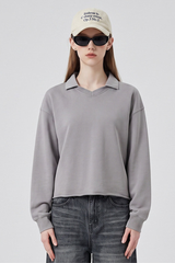 Unisex Fall 100% Cotton Washed Boxy V-Neck Polo Sweatshirt