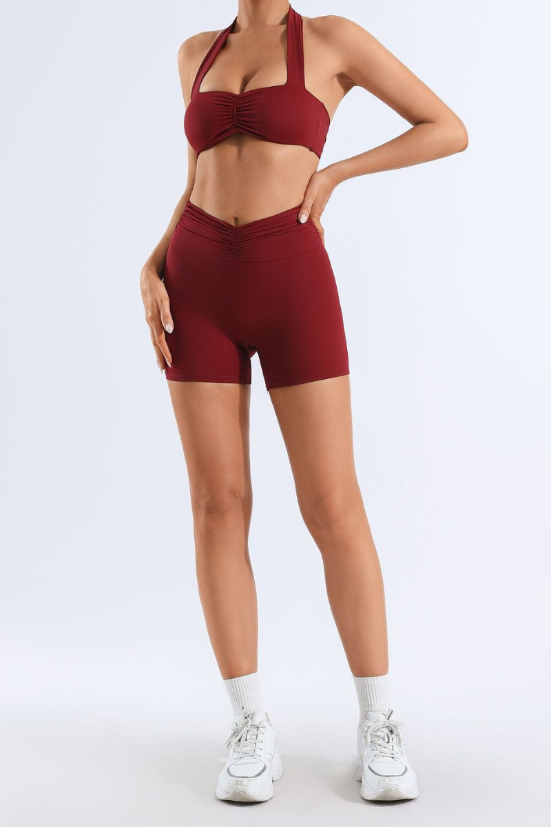 Women's Halter Neck Ruched Front Bra & V-Waist Shorts Yoga Set