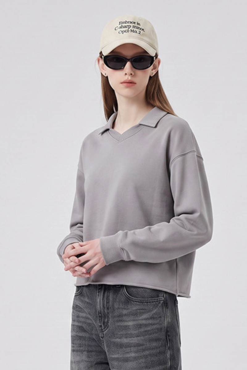 Unisex Fall 100% Cotton Washed Boxy V-Neck Polo Sweatshirt