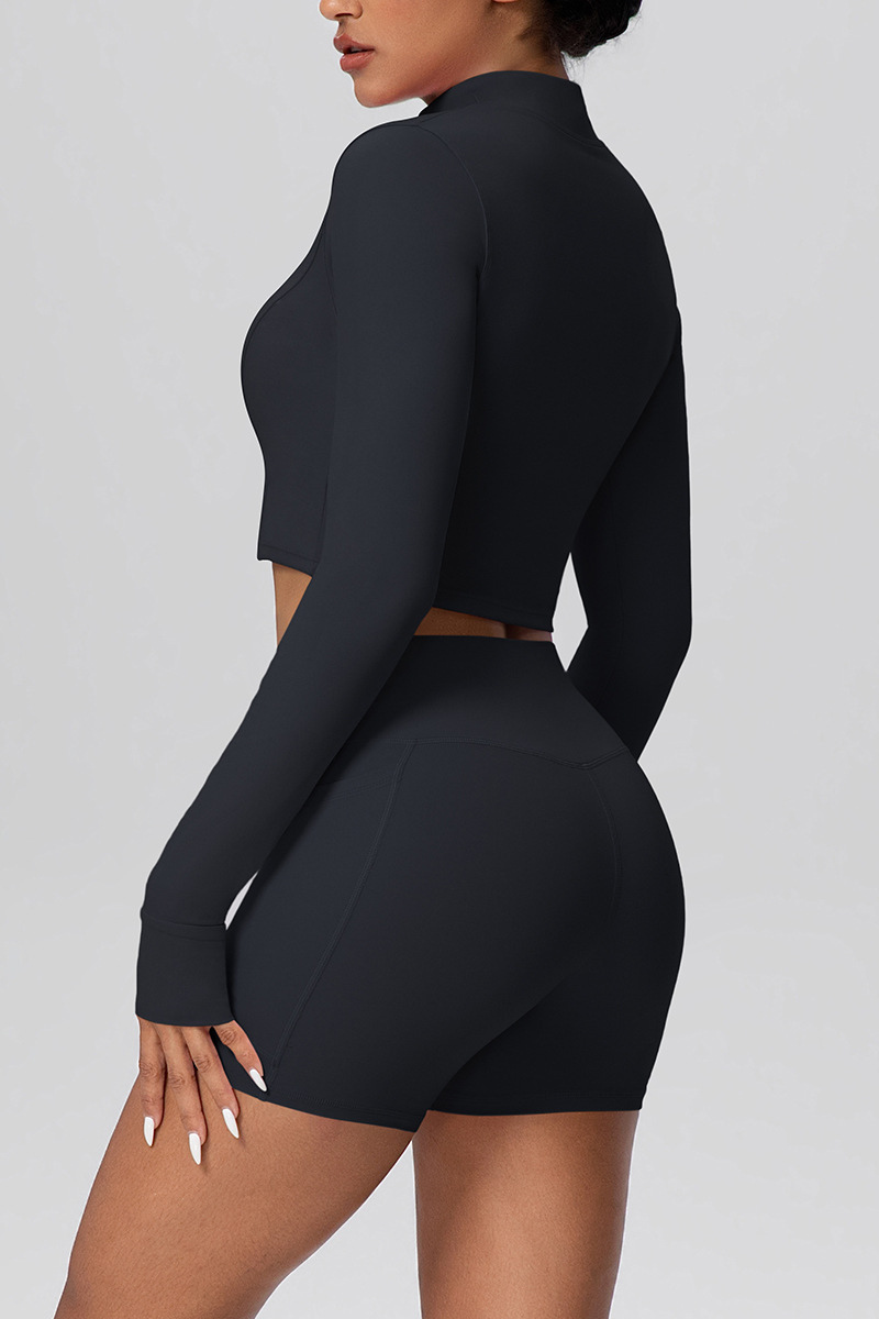 Women's Two Piece Set:Stand Collar Cropped Jacket And Shorts