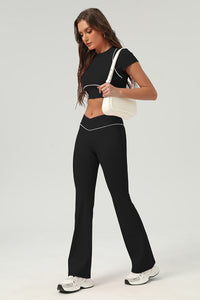 Women Urban Quick-Dry Color-Block Tennis Yoga Outfit Set With Crop Top & Flared Pants