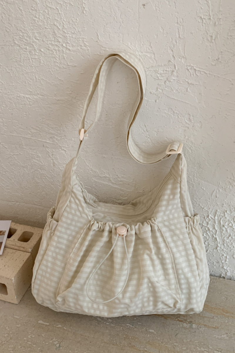 Women's Plaid Multi Pocket Drawstring Ruched Shoulde Bag
