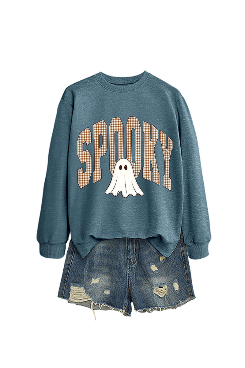 Women's Fall Halloween Plaid Ghost Print Oversize Pullover